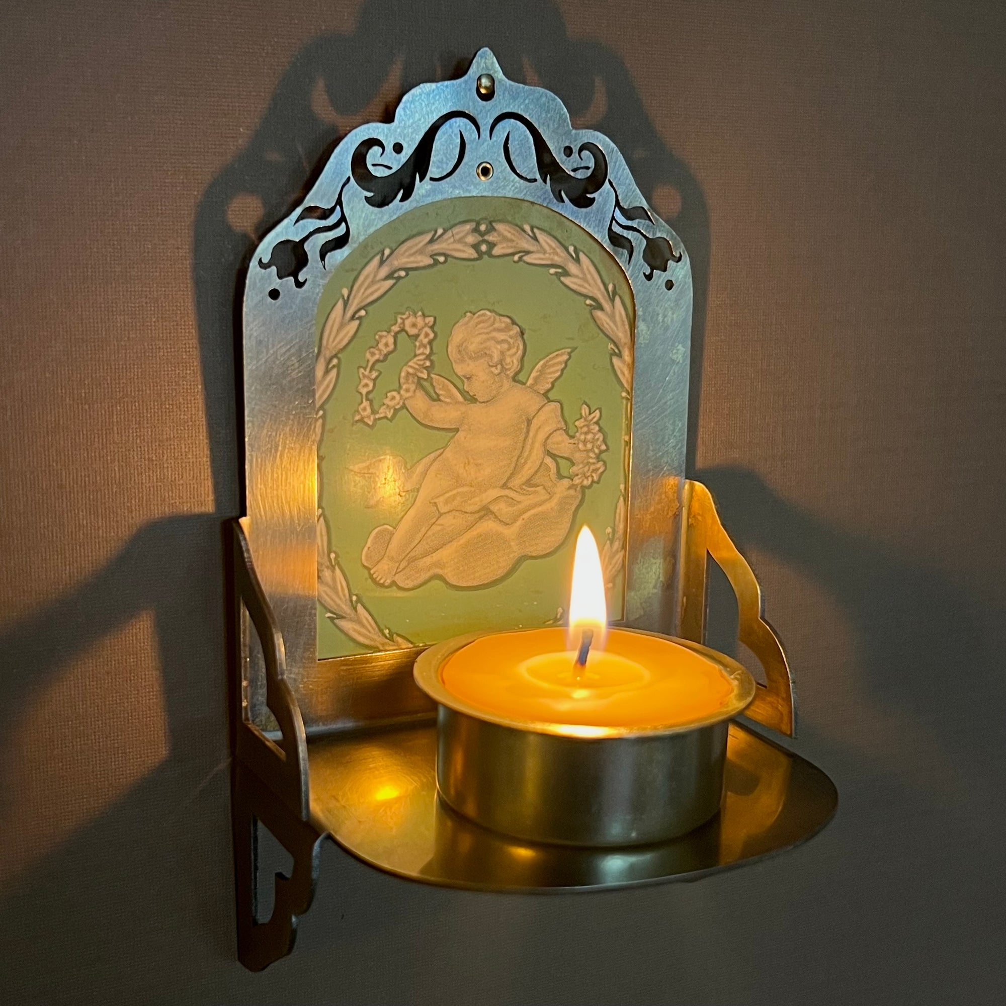 Petite Altar, Jadeite Cherub II, Rustic Antiqued Brass