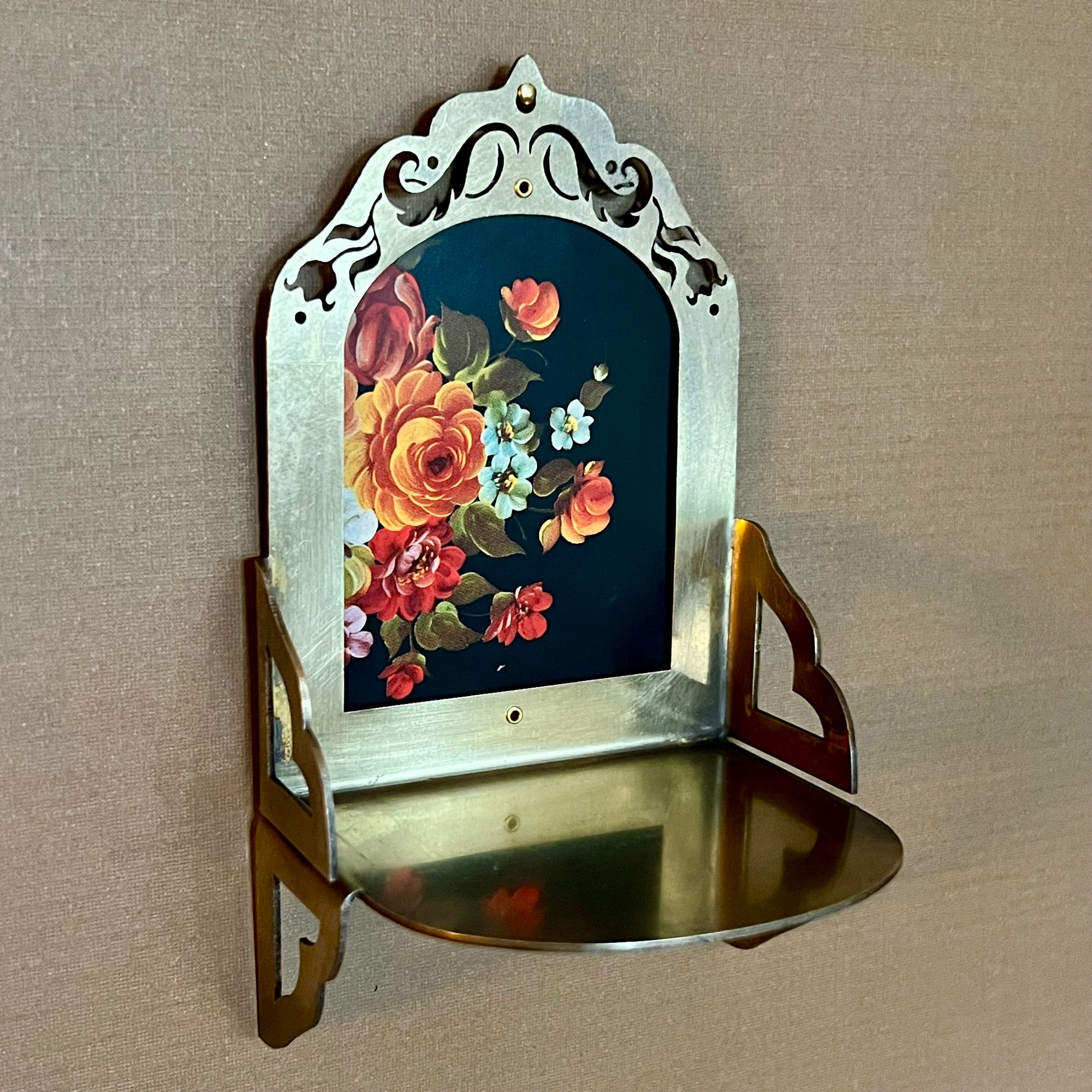 Petite Altar, Tole Flowers, Rustic Antiqued Brass