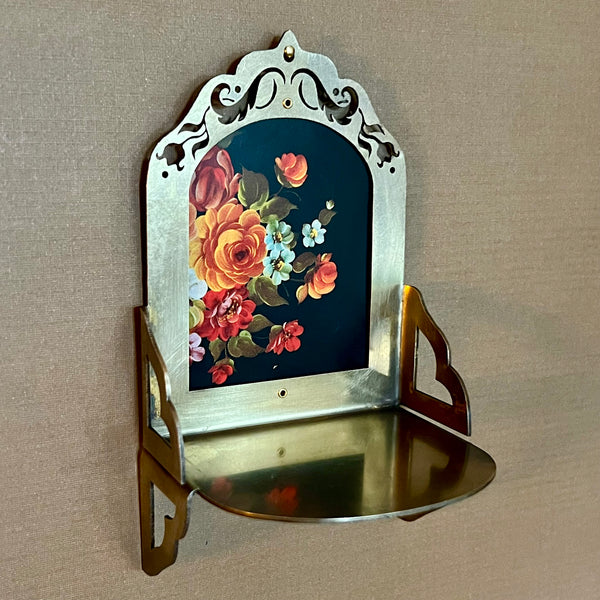 Petite Altar, Tole Flowers, Rustic Antiqued Brass