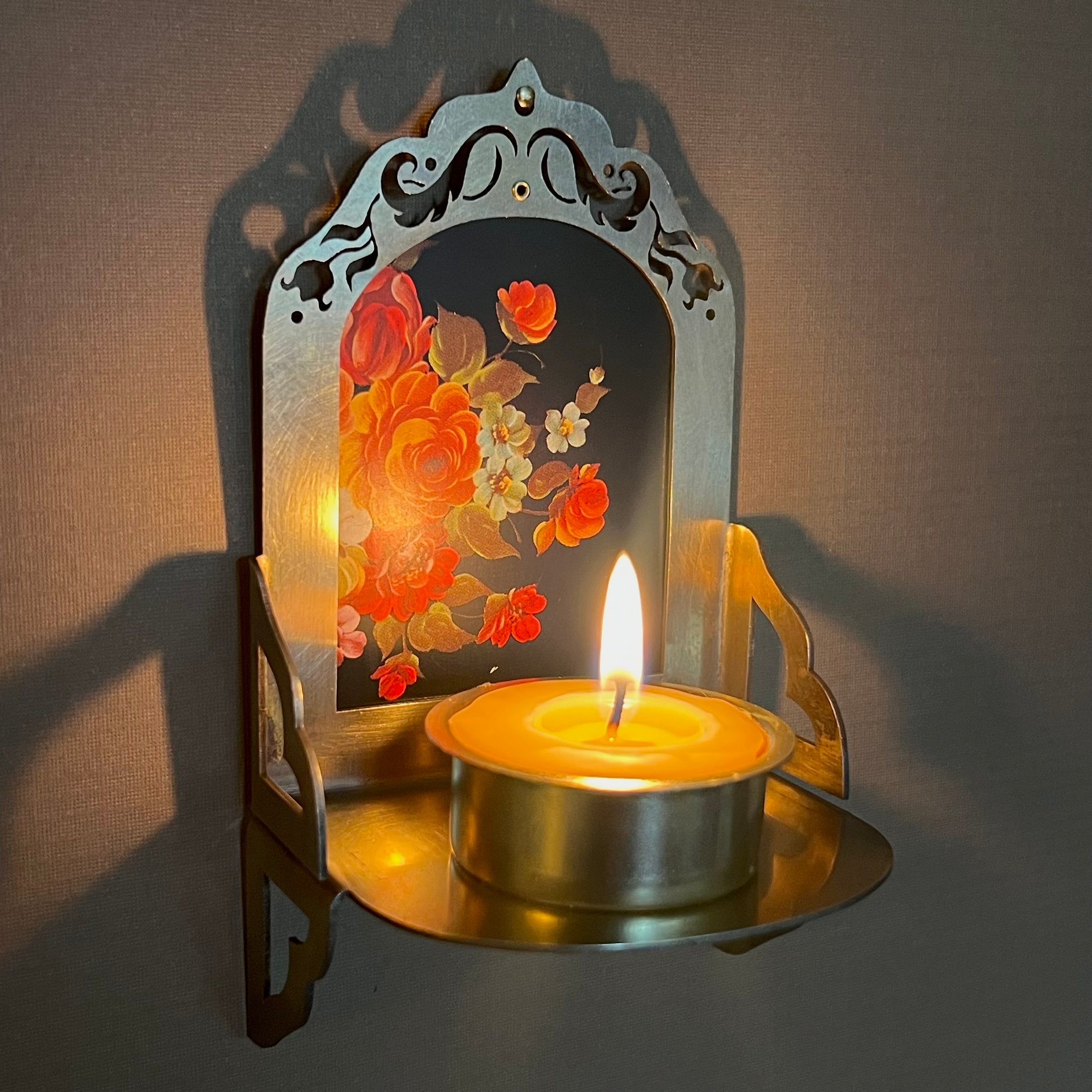 Petite Altar, Tole Flowers, Rustic Antiqued Brass