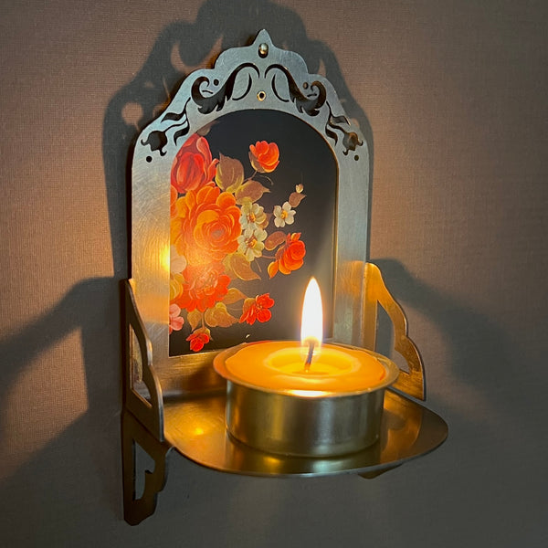 Petite Altar, Tole Flowers, Rustic Antiqued Brass