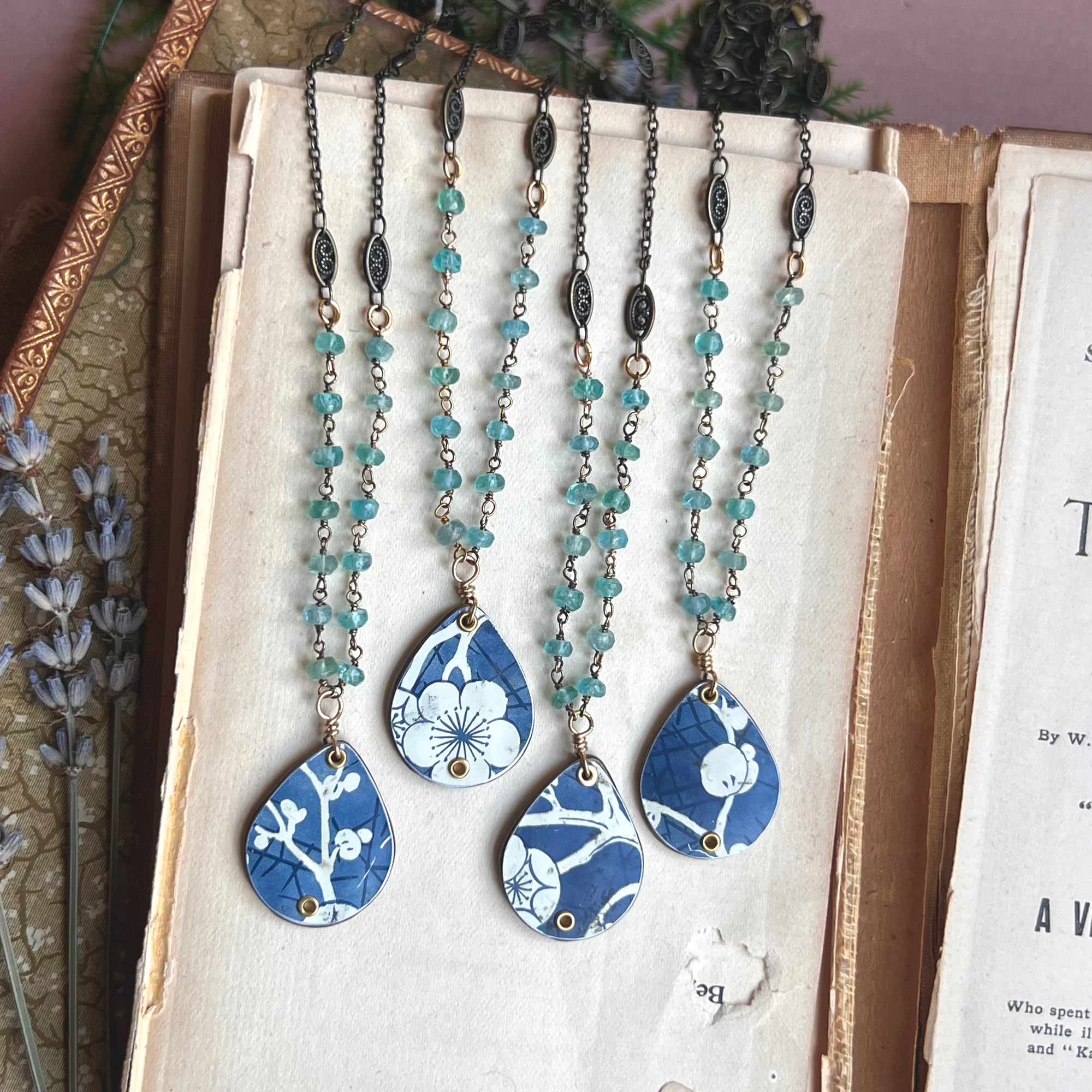 Reversible Teardrop Necklace, Apatite Cherry Blossom