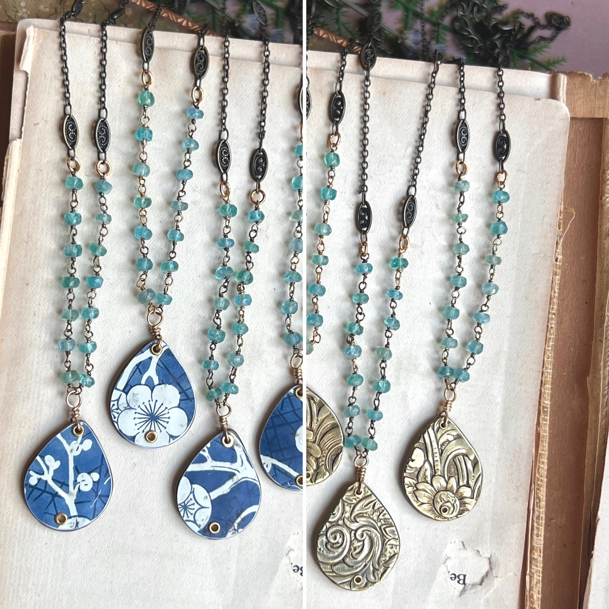 Reversible Teardrop Necklace, Apatite Cherry Blossom