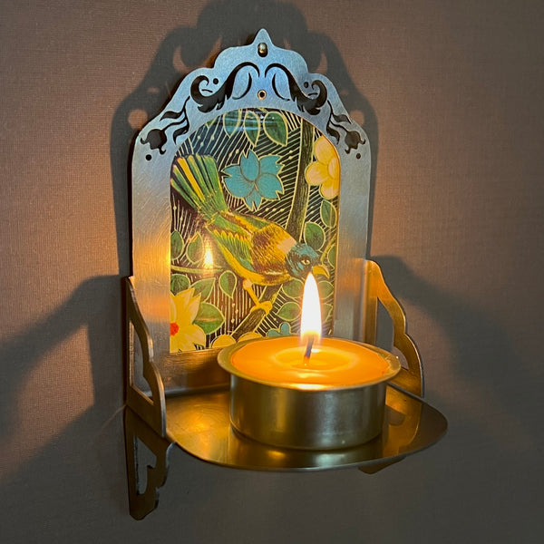 Petite Altar, Emerald Forest Birds I, Rustic Antiqued Brass