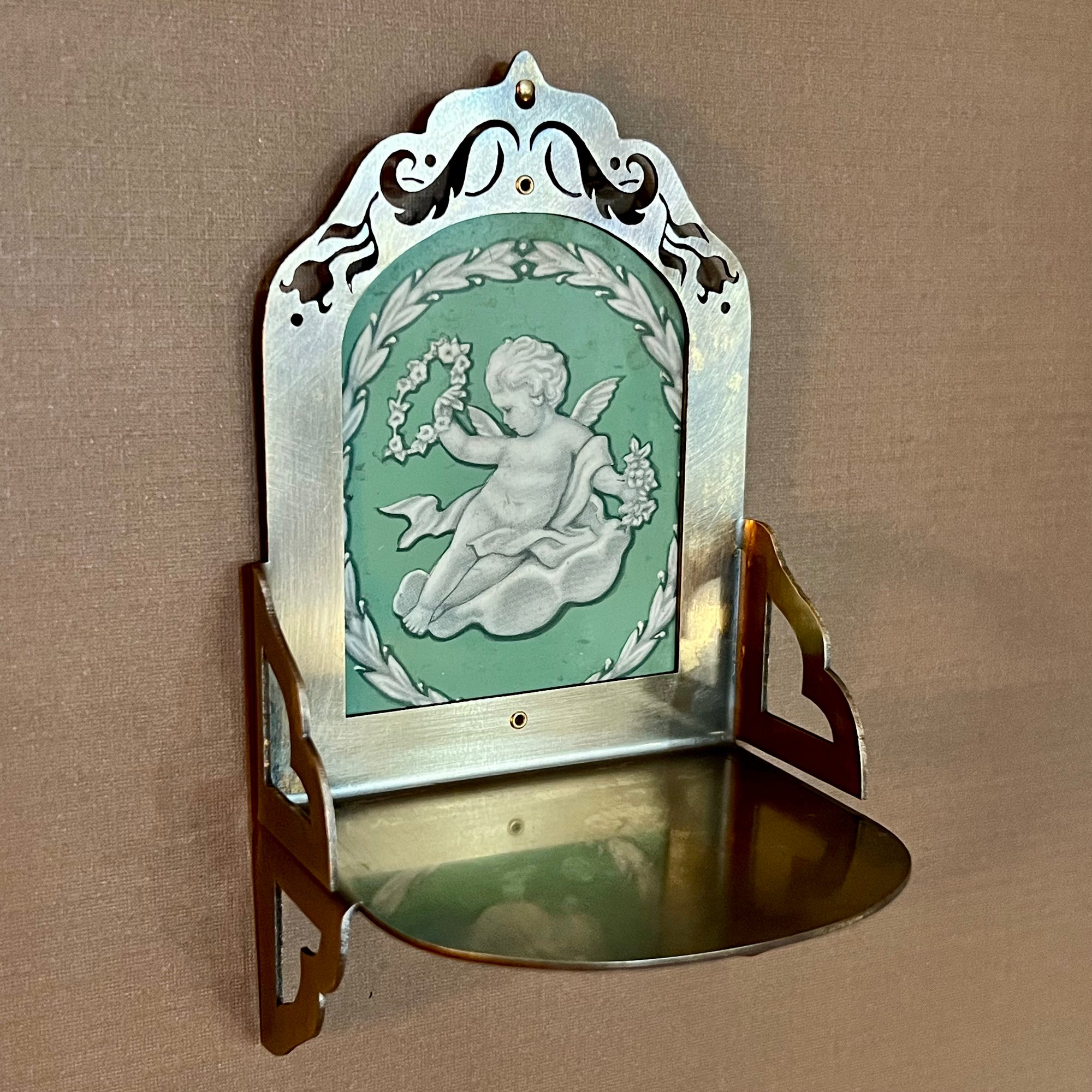 Petite Altar, Jadeite Cherub II, Rustic Antiqued Brass