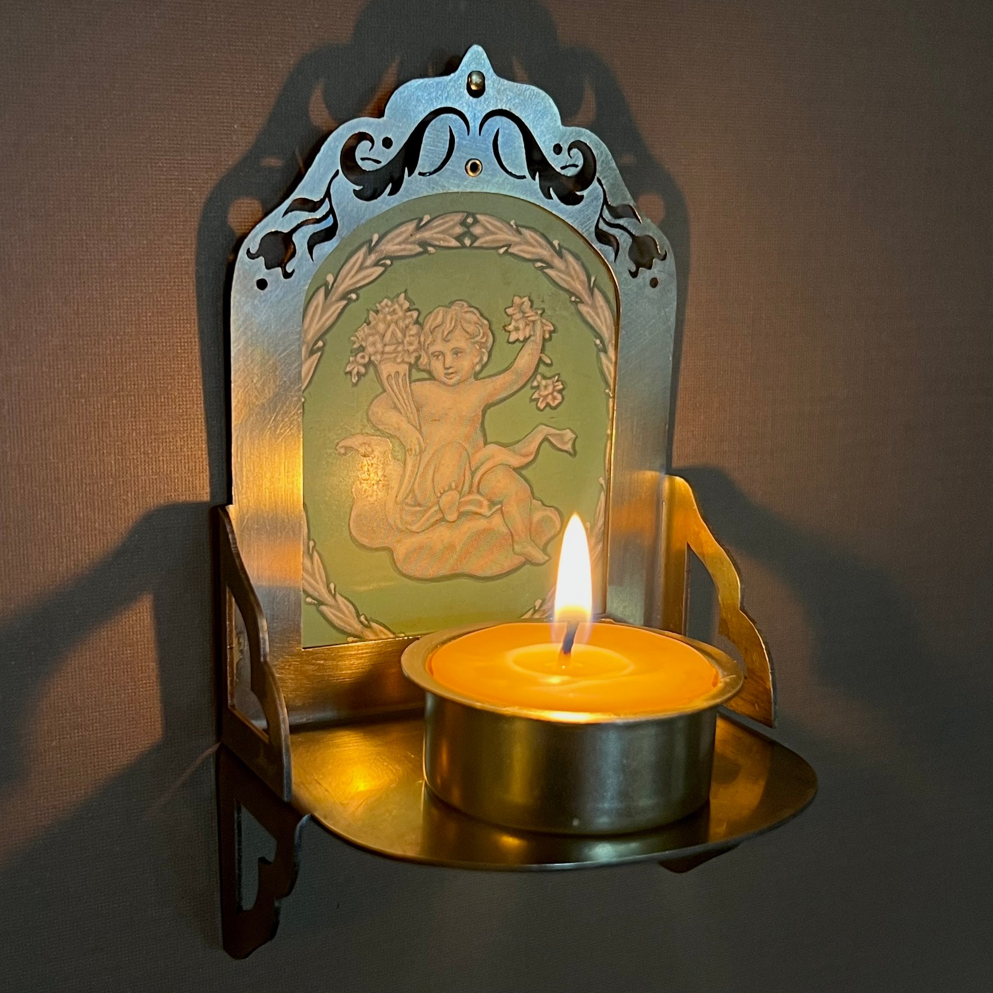 Petite Altar, Jadeite Cherub I, Rustic Antiqued Brass