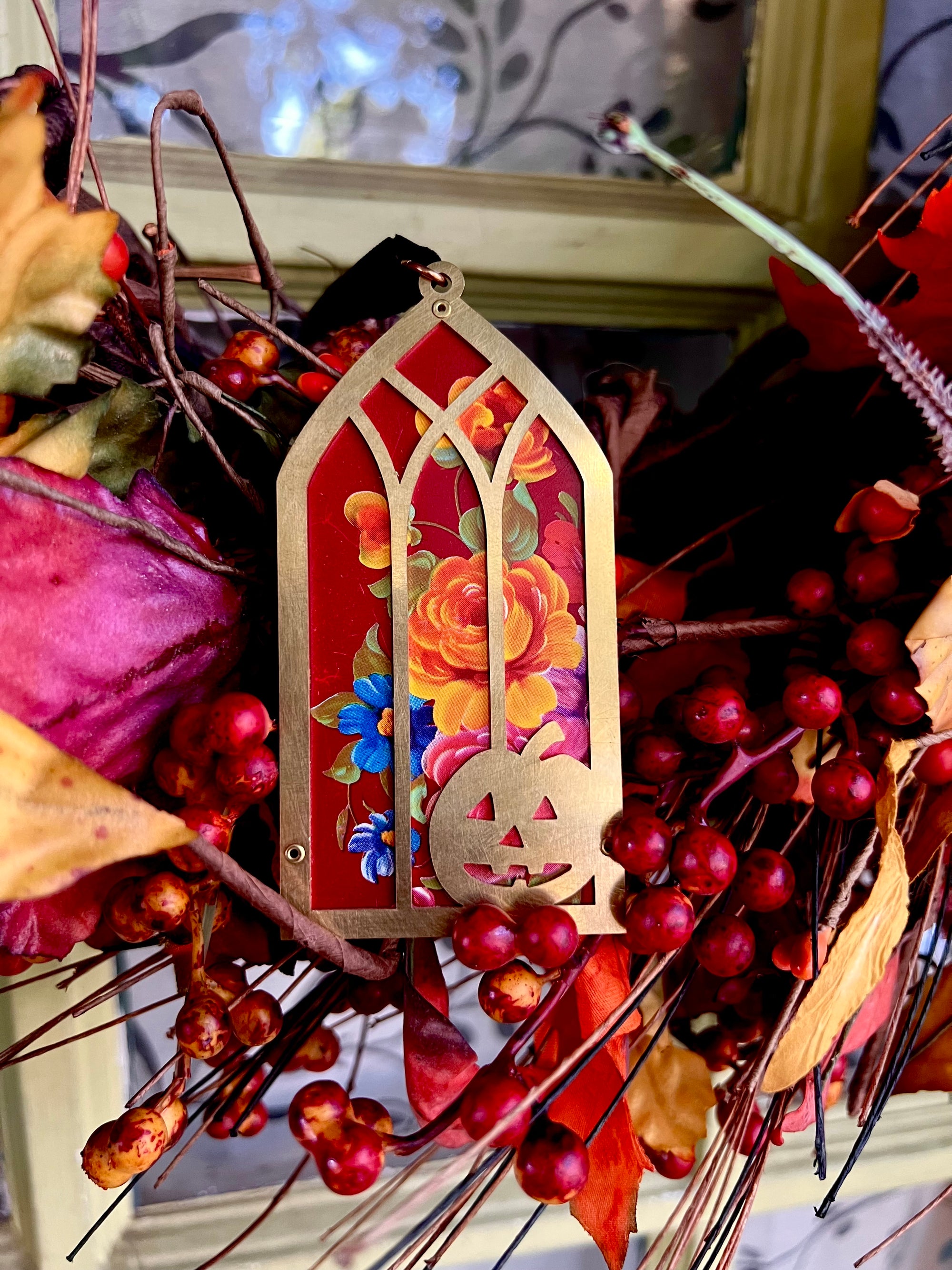 Jack O' Lantern Window Ornament, Red Floral