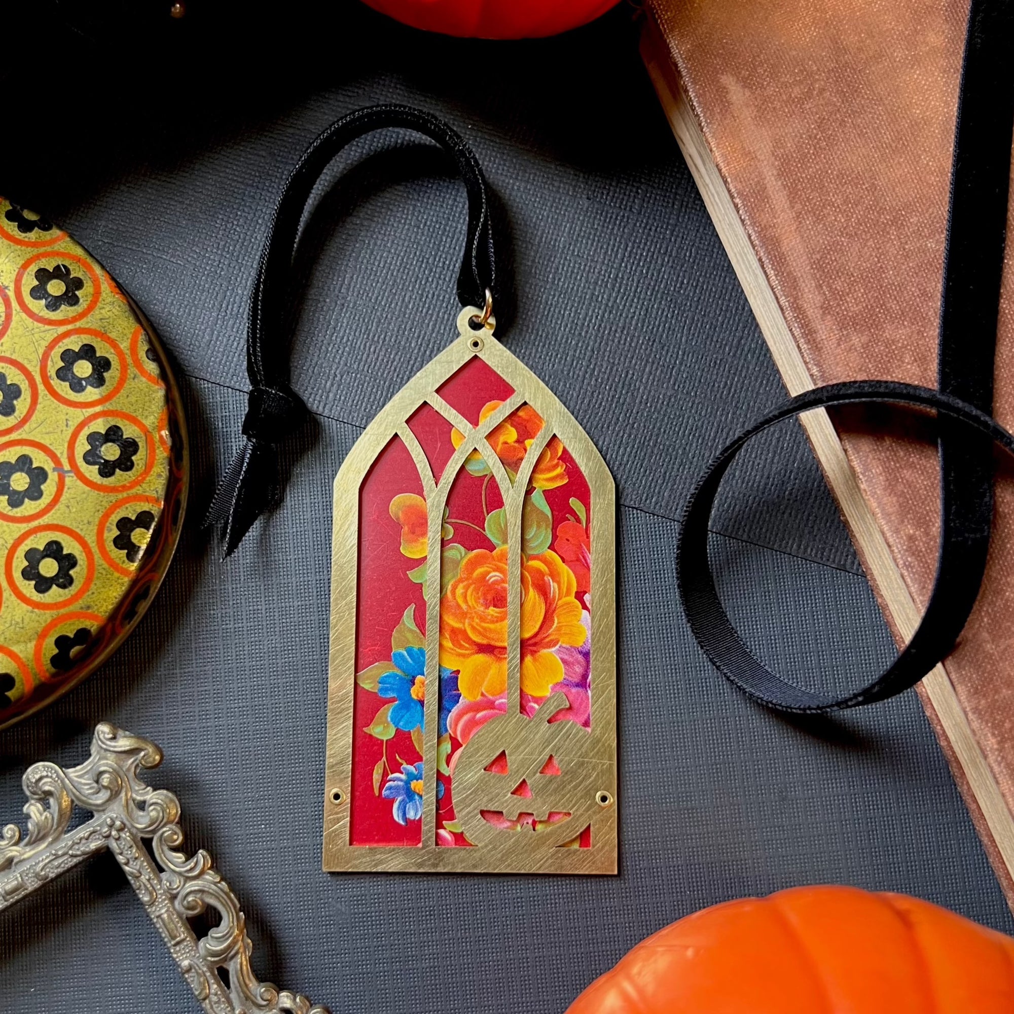 Jack O' Lantern Window Ornament, Red Floral