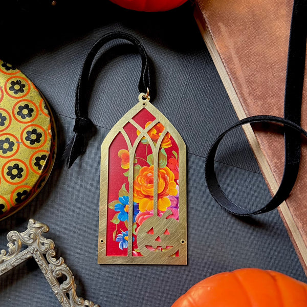 Jack O' Lantern Window Ornament, Red Floral