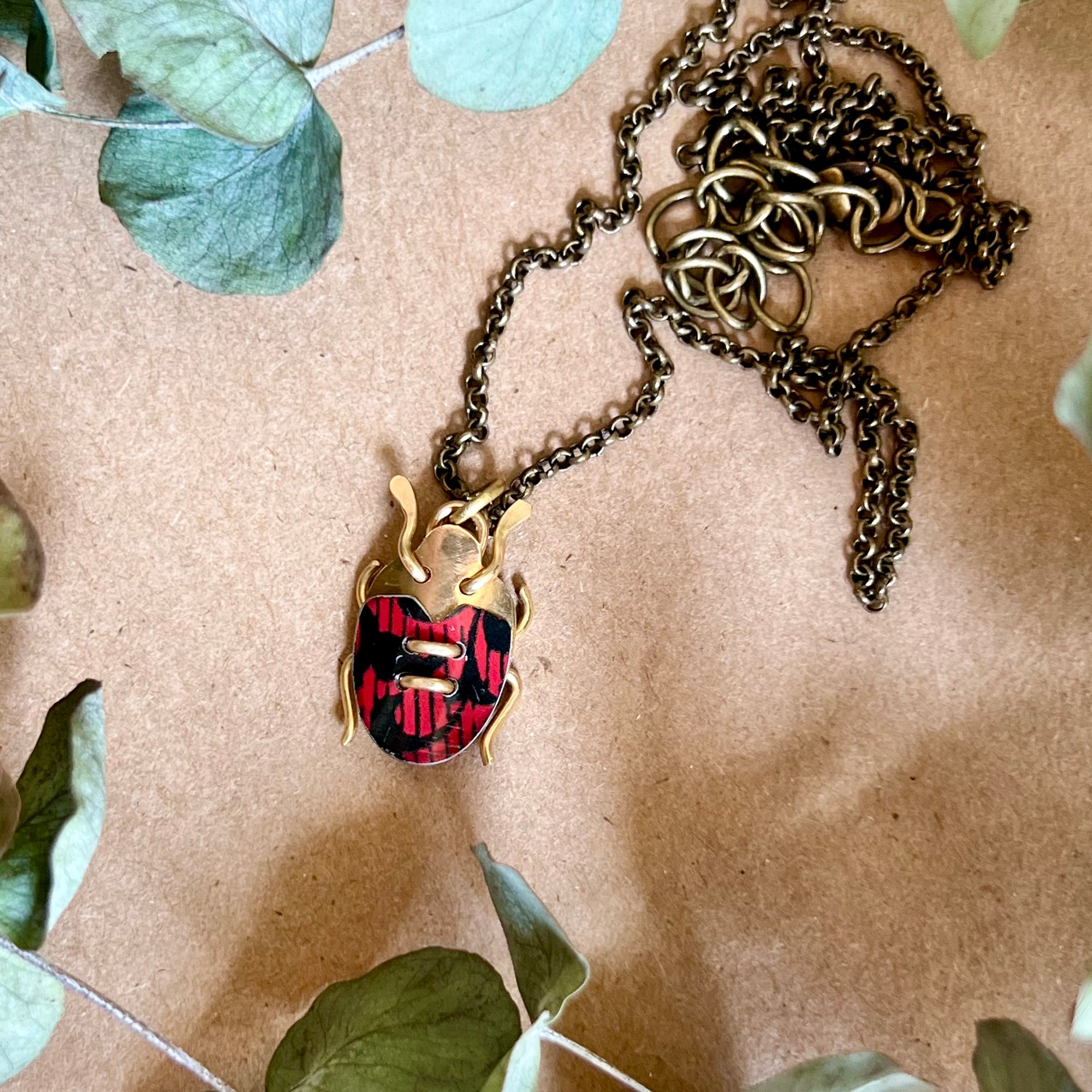 Scarab Necklace, Red Floral (Ladybug)