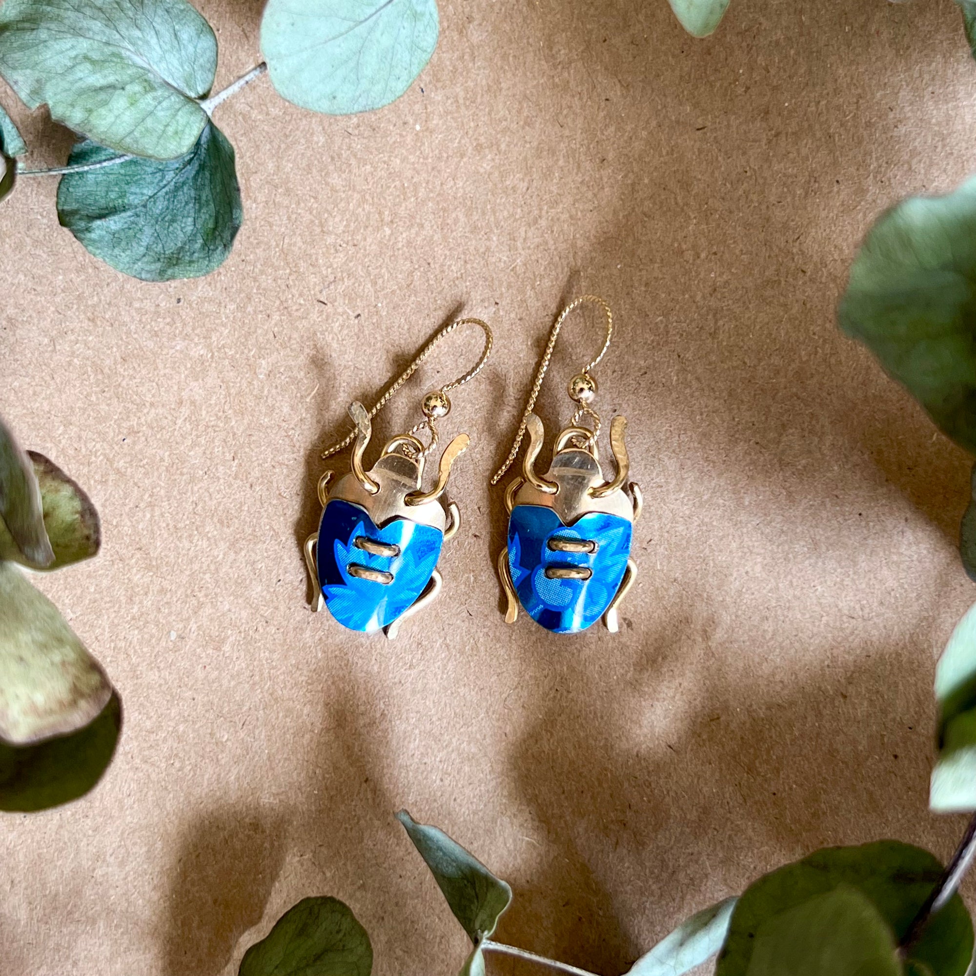 Scarab Earrings, Blue Floral