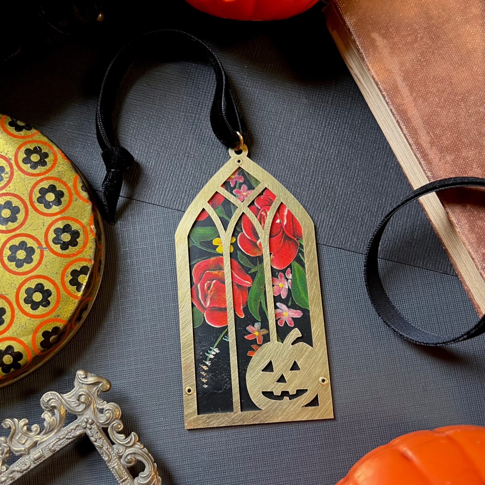 Jack O' Lantern Window Ornament, Black Floral