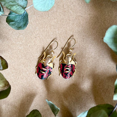Scarab Earrings, Red Floral (Ladybug)